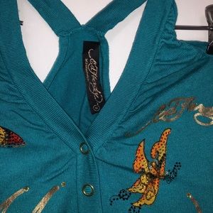 Ed Hardy Phoenix Teal Racer Back Knit Long Tank